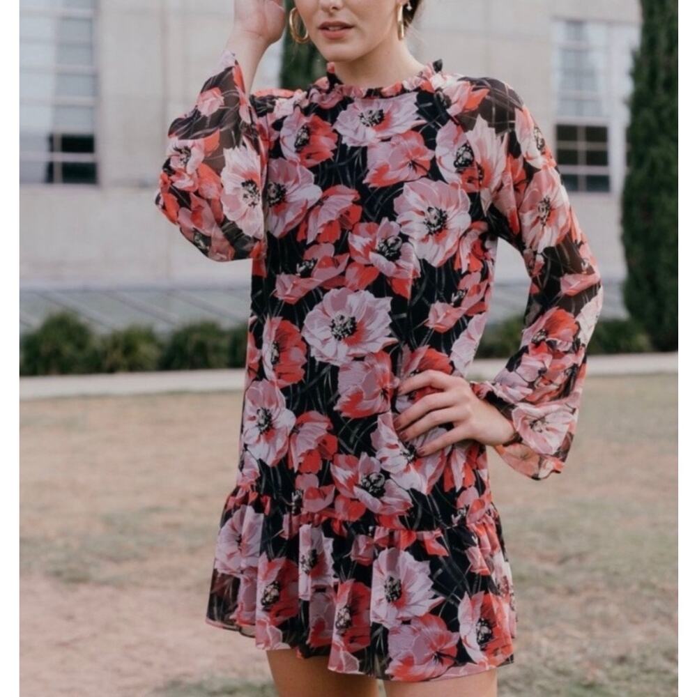 MISA Blythe Floral Ruffle Mini Dress Black Red Medium